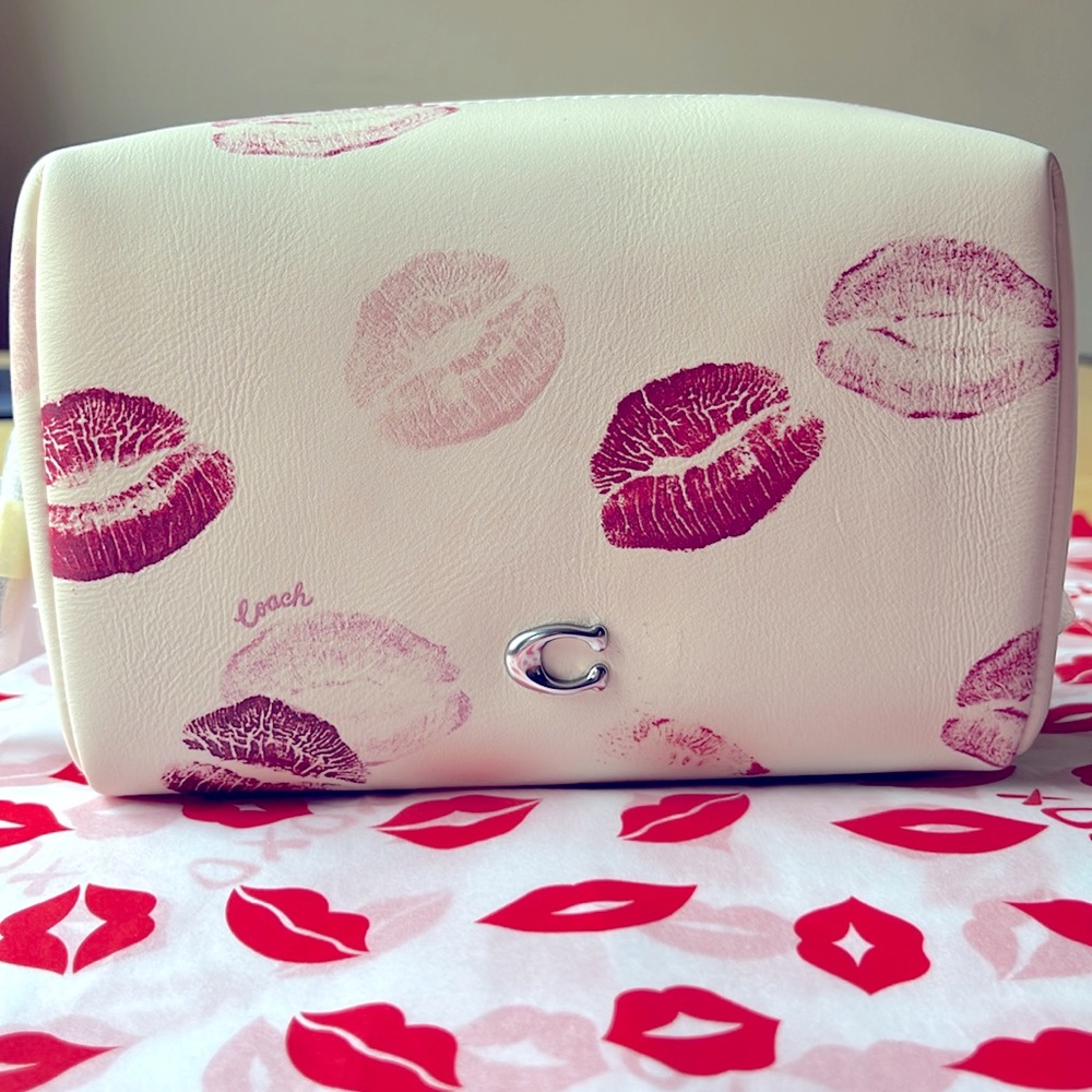 Coach White Cosmetic Bag with Pink & Red Kiss Prints